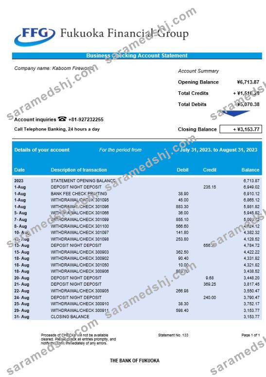The Bank of Fukuoka firm account statement Word and PDF template